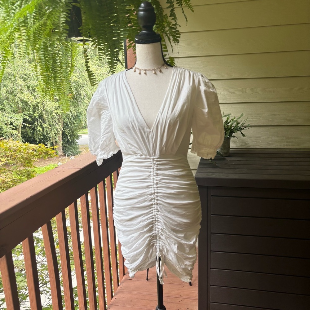 Privy White Ruched Puff Sleeve Mini Dress | Size Small